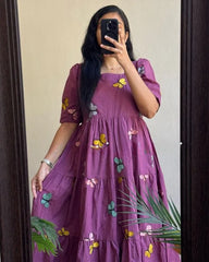 Women Cotton Emroidery Purple Middi Dress