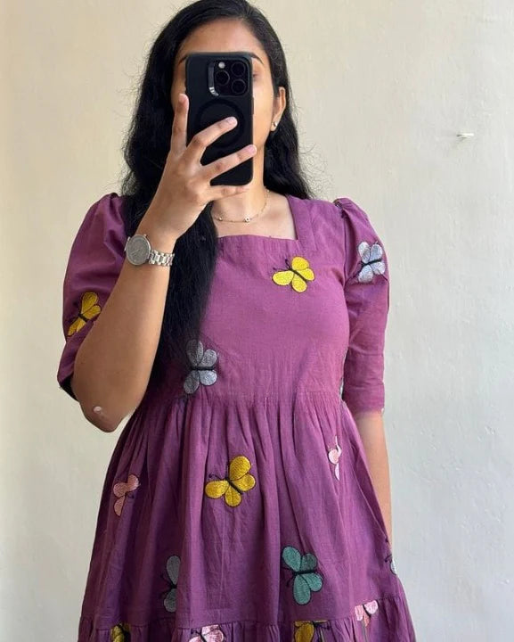 Women Cotton Emroidery Purple Middi Dress