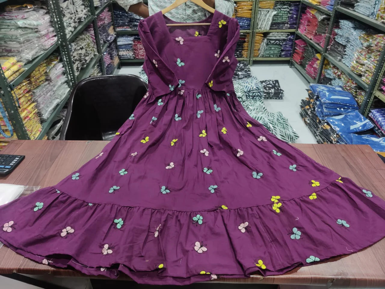 Women Cotton Emroidery Purple Middi Dress