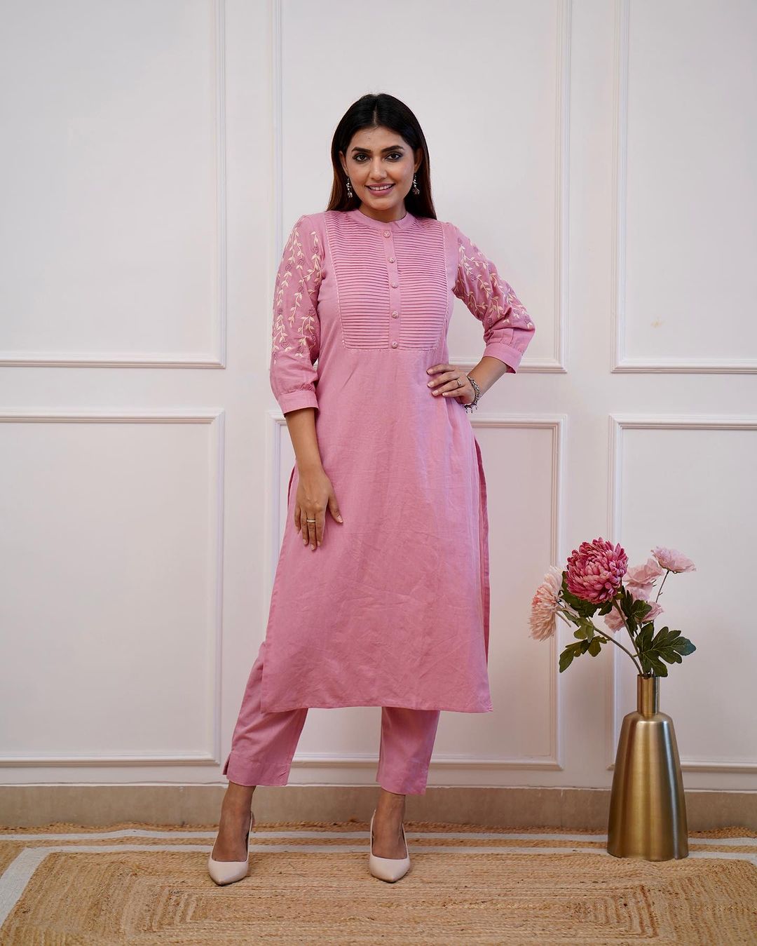 Trending Cotton Pink Kurta Pant Set