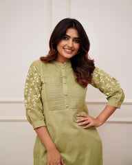 Trending Cotton Mehandi Green Kurta Pant Set