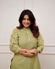 Trending Cotton Mehandi Green Kurta Pant Set