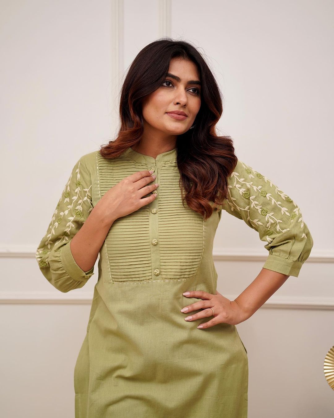 Trending Cotton Mehandi Green Kurta Pant Set