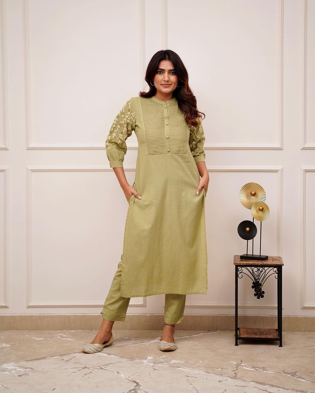 Trending Cotton Mehandi Green Kurta Pant Set