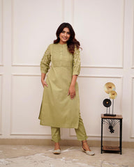 Trending Cotton Mehandi Green Kurta Pant Set