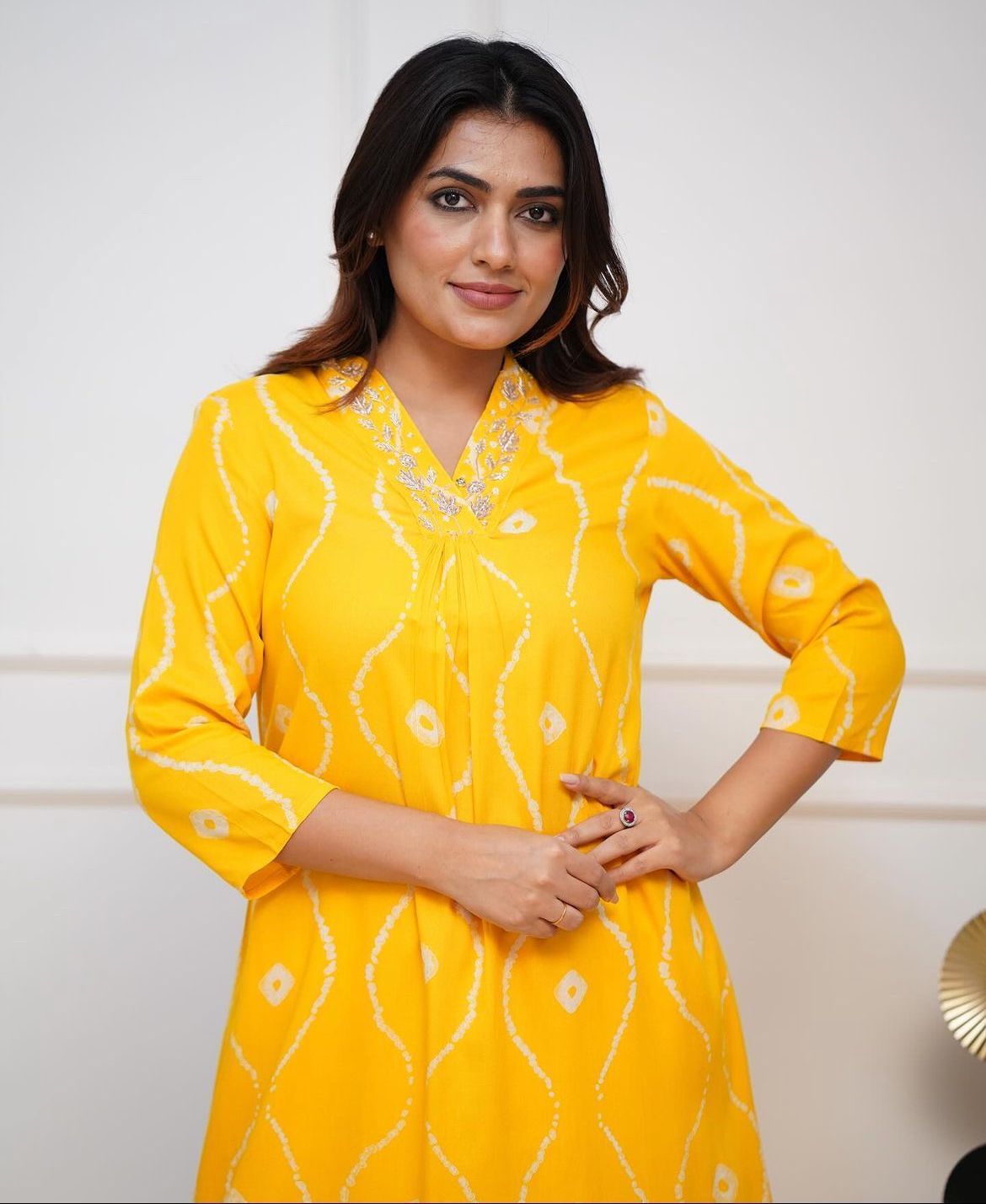 YELLOW HANDWORK STRAIGHT KURTA WITH PANT