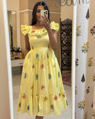 Trendy Butterfly Print Yellow  Middi Dress