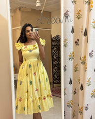 Trendy Butterfly Print Yellow  Middi Dress