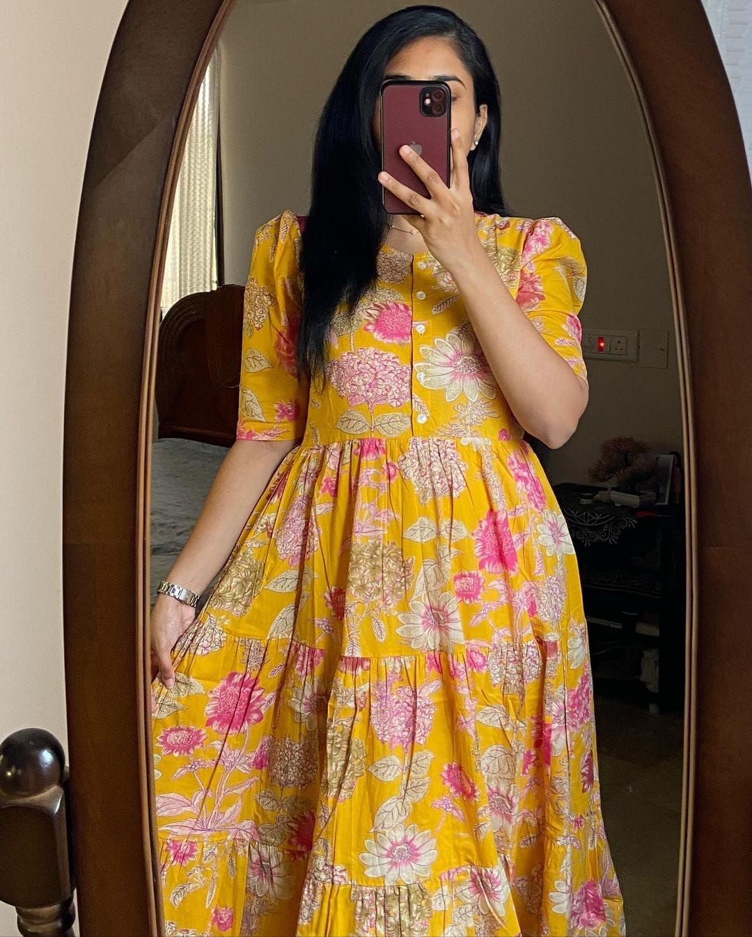 YELLOW FLORAL MIDI DRESS