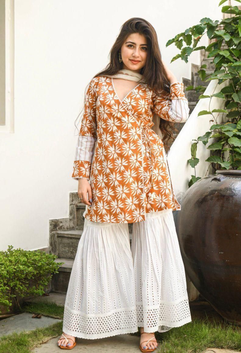 Stylish Anrakha Pattern Kurta With Dupatta Set