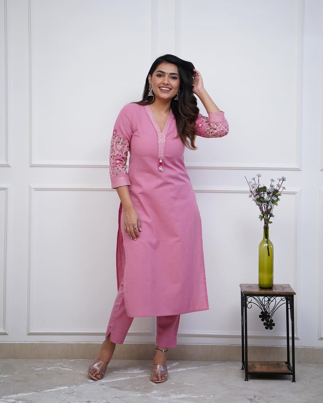 Women Cotton KS Pink Kurta Pant Set