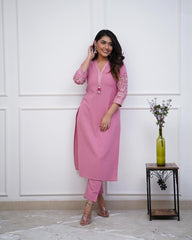 Women Cotton KS Pink Kurta Pant Set