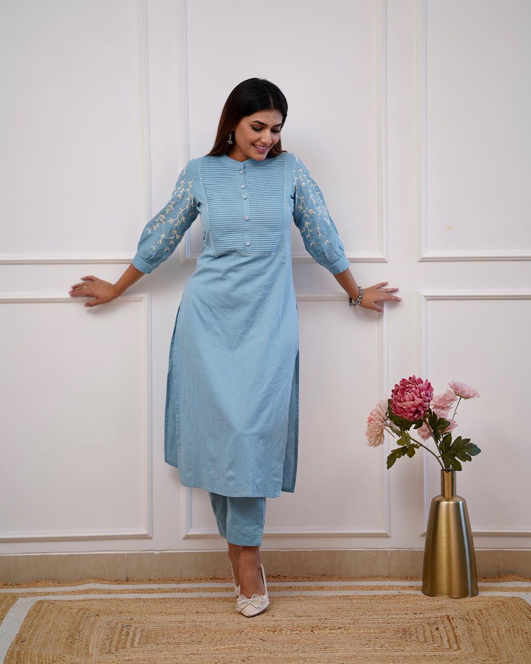 Trending Cotton Light Blue Kurta Pant Set