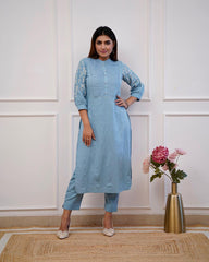 Trending Cotton Light Blue Kurta Pant Set