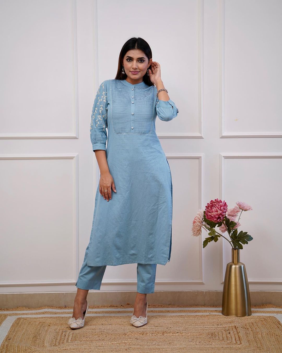 Trending Cotton Light Blue Kurta Pant Set